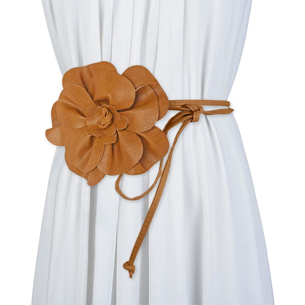 5522 Women Boho Pu Leather Big Flower Waist Belt Dresses Tie Bow Band